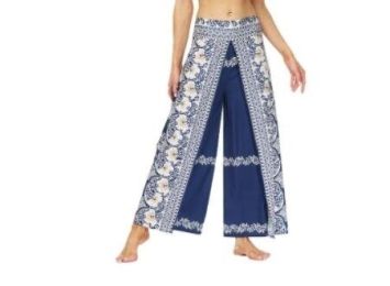 Slit Leg Palazzo Pants Flowy Yoga Pants (Color: Navy)