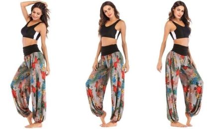 Women Casual Pants Smocked Waist Harem Hippie Boho Yoga Palazzo Casual Pants (Color: Gray)