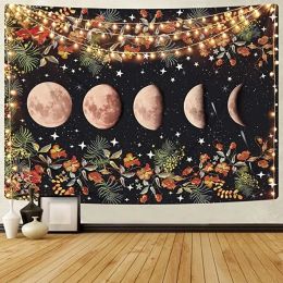 Moonlit Garden, Moon Phases Flower Vine Black Background Tapestry (size: 100*150cm)