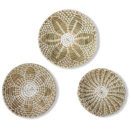 Set of 3 Wall Hanging Seagrass Basket | Shallow Handwoven Decorative Baskets for Home (Option: Flower Pattern)