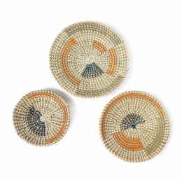 Set of 3 Wall Hanging Seagrass Basket | Shallow Handwoven Decorative Baskets for Home (Option: Drawing pattern)