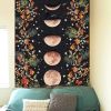 Moonlit Garden, Moon Phases Flower Vine Black Background Tapestry