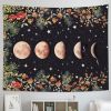 Moonlit Garden, Moon Phases Flower Vine Black Background Tapestry