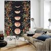 Moonlit Garden, Moon Phases Flower Vine Black Background Tapestry