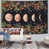 Moonlit Garden, Moon Phases Flower Vine Black Background Tapestry